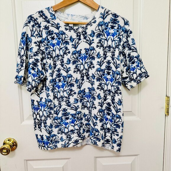 CECE FRENCH PROVINCIAL BLUE CREW NECK PULLOVER SHORT SLEEVE KNIT SWEATER - Picture 1 of 6